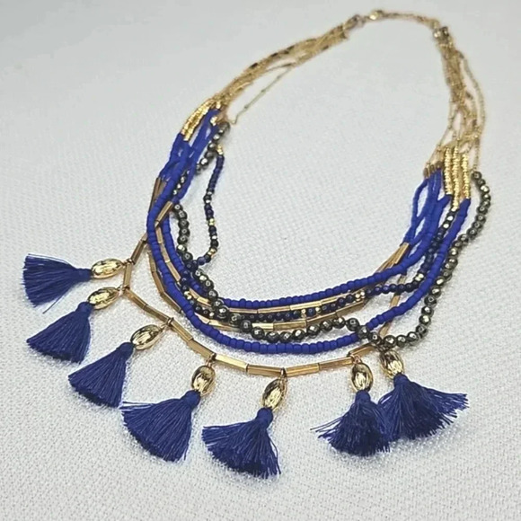 Stella & Dot Jewelry - Retired Vintage Stella & Dot Tulum Tassel Necklace Gold Blue Beaded Versatile